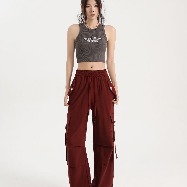 7710束脚阔腿两穿工装飘带带口袋休闲百搭系带宽松工装裤