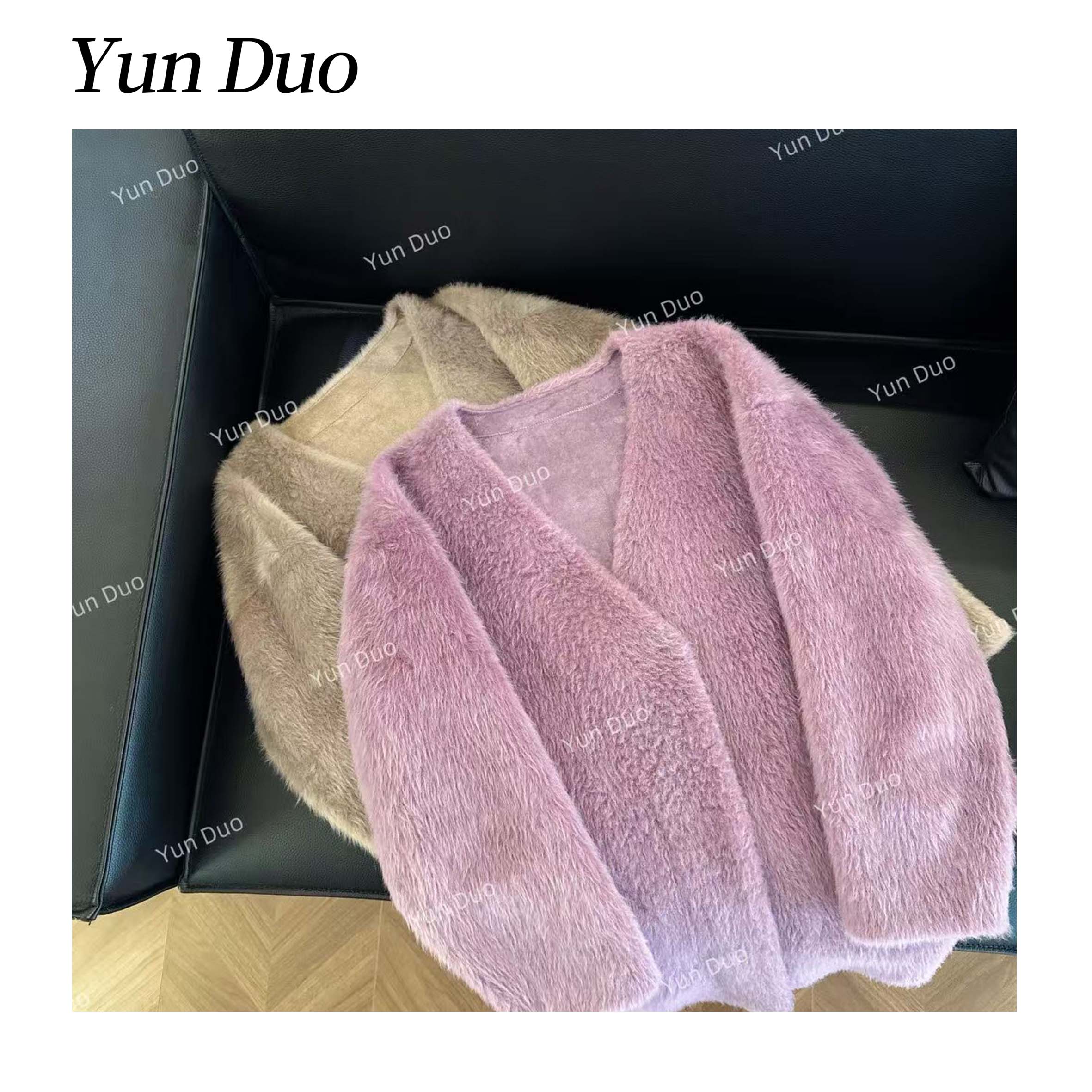 云朵定制【文艺复兴】V领纯色贵气毛毛外套LH19