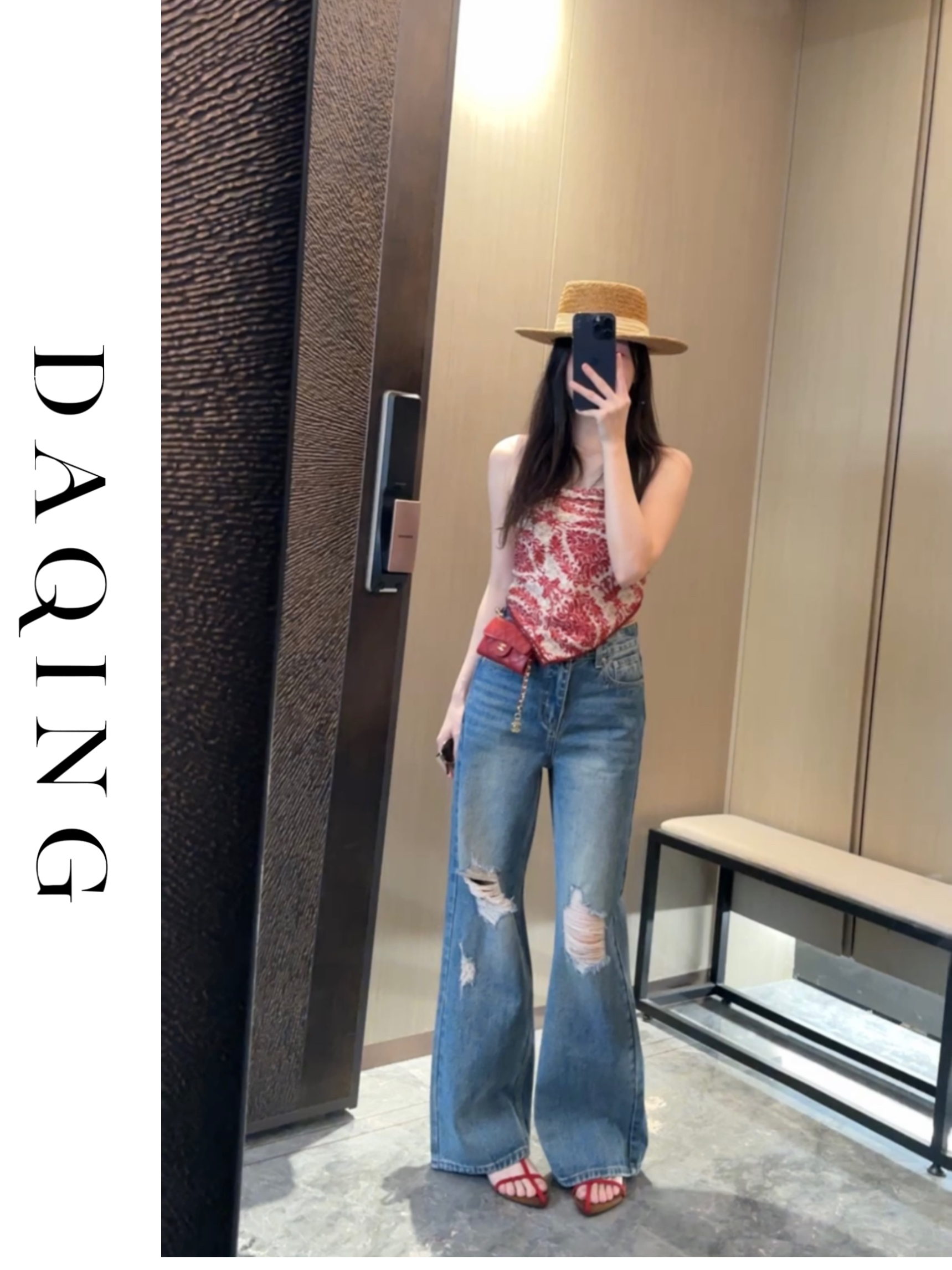 DAQING 夏季无弹复古高街破洞宽松直筒阔腿百搭显瘦牛仔裤