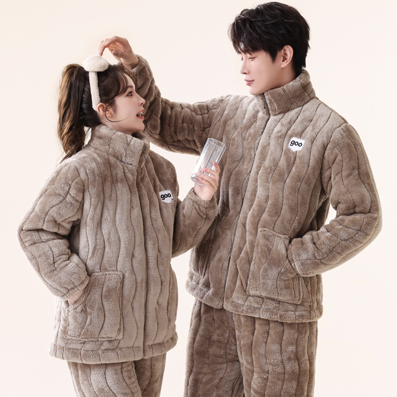 夹棉睡衣冬季新款男女情侣款加绒保暖家居服冬款套装保暖省服棉袄