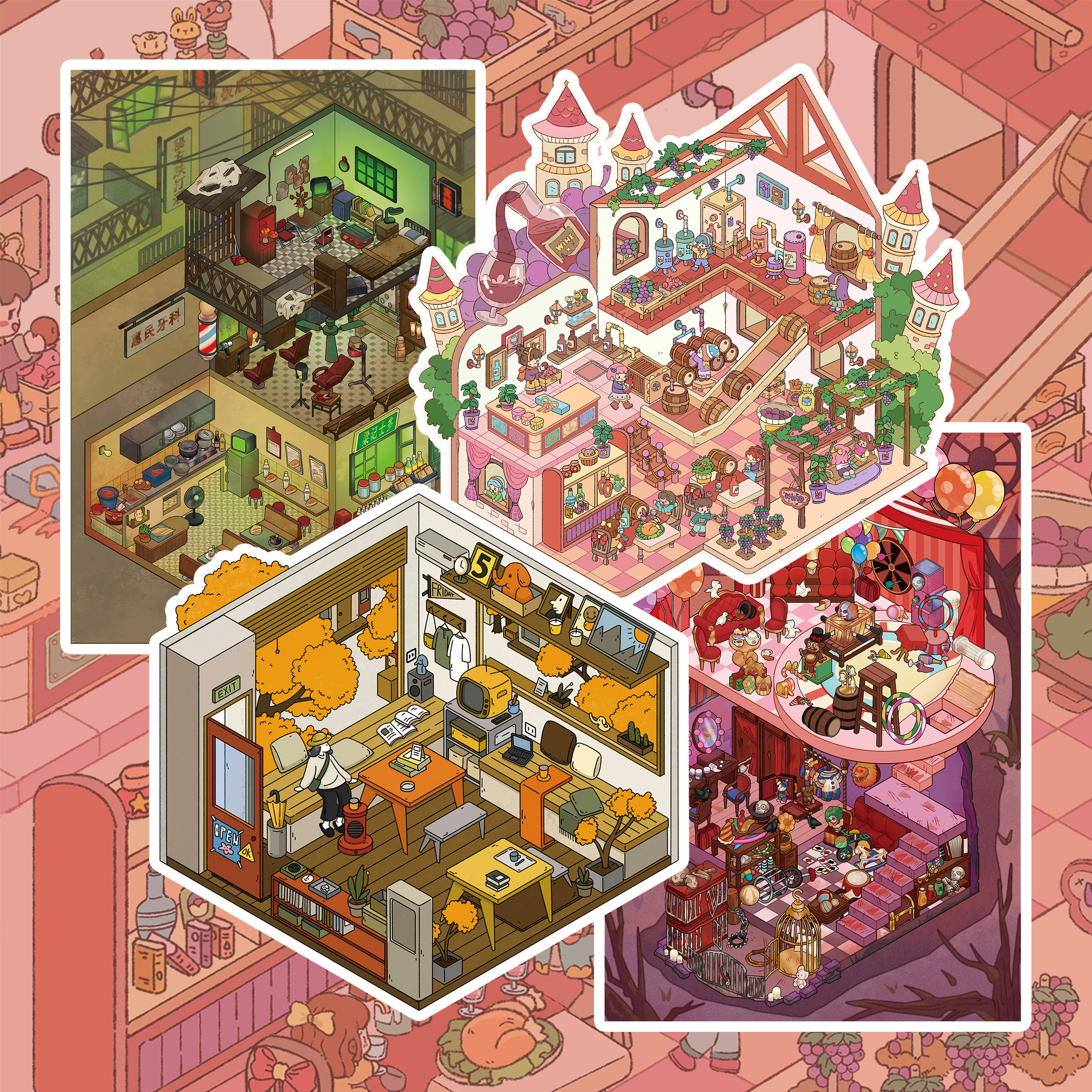 【萌火慢炖-1.0系列】微缩场景造景贴纸3D立体场景免剪手帐