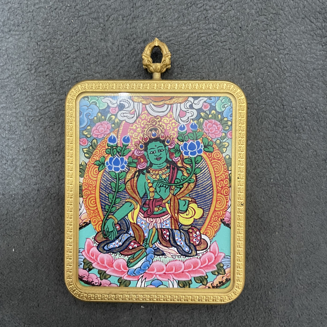 纯手绘唐卡 绿度母 唐卡吊坠