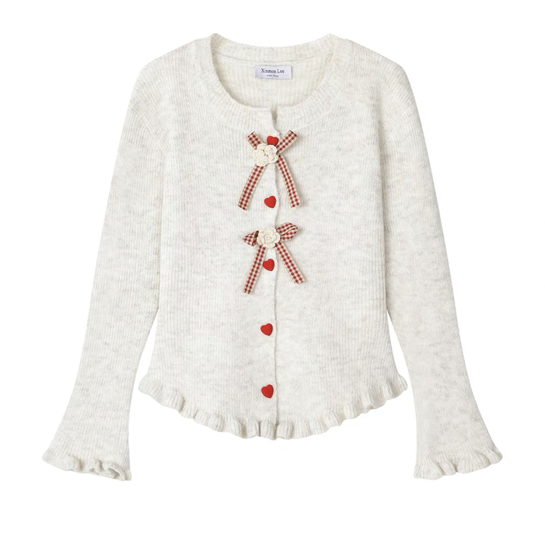 【奶呼呼】大码遮肚子显瘦毛衣甜美蝴蝶结花朵设计开衫木耳边冬百搭