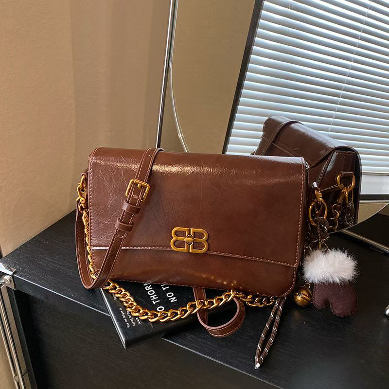 磨砂皮拼接小方包女秋冬复古小众设计百搭腋下单肩斜挎通勤包休闲