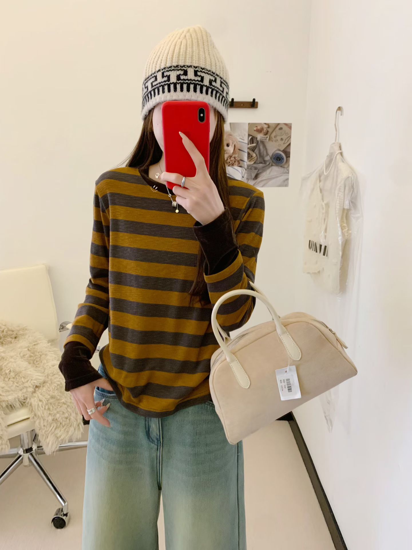 【A1326】冬季新款套头条纹宽松长袖圆领T恤 