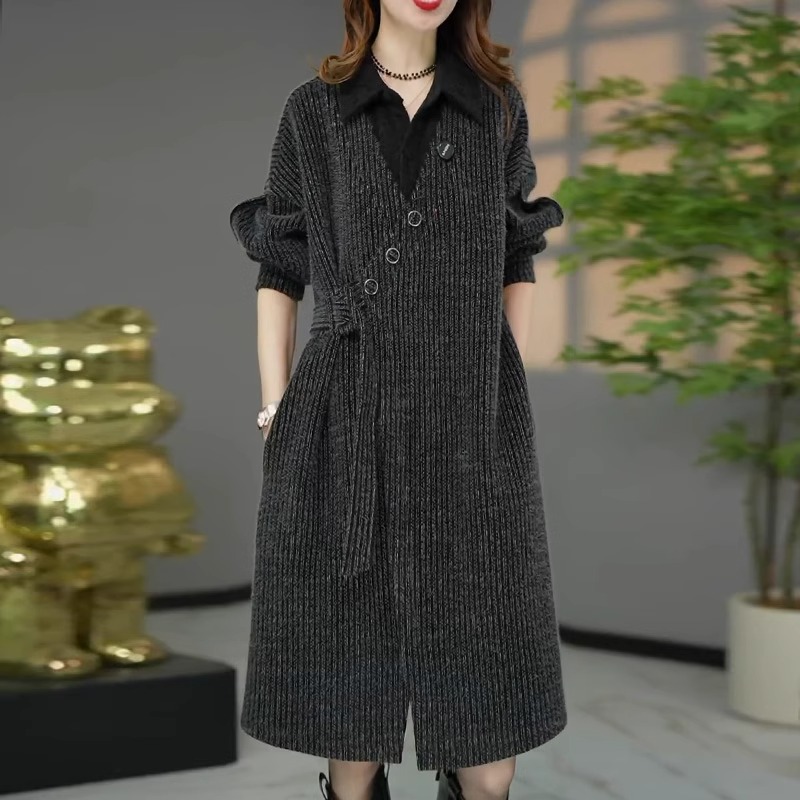 时尚宽松加厚连衣裙女装2025春新款妈妈洋气收腰百搭假两件裙子