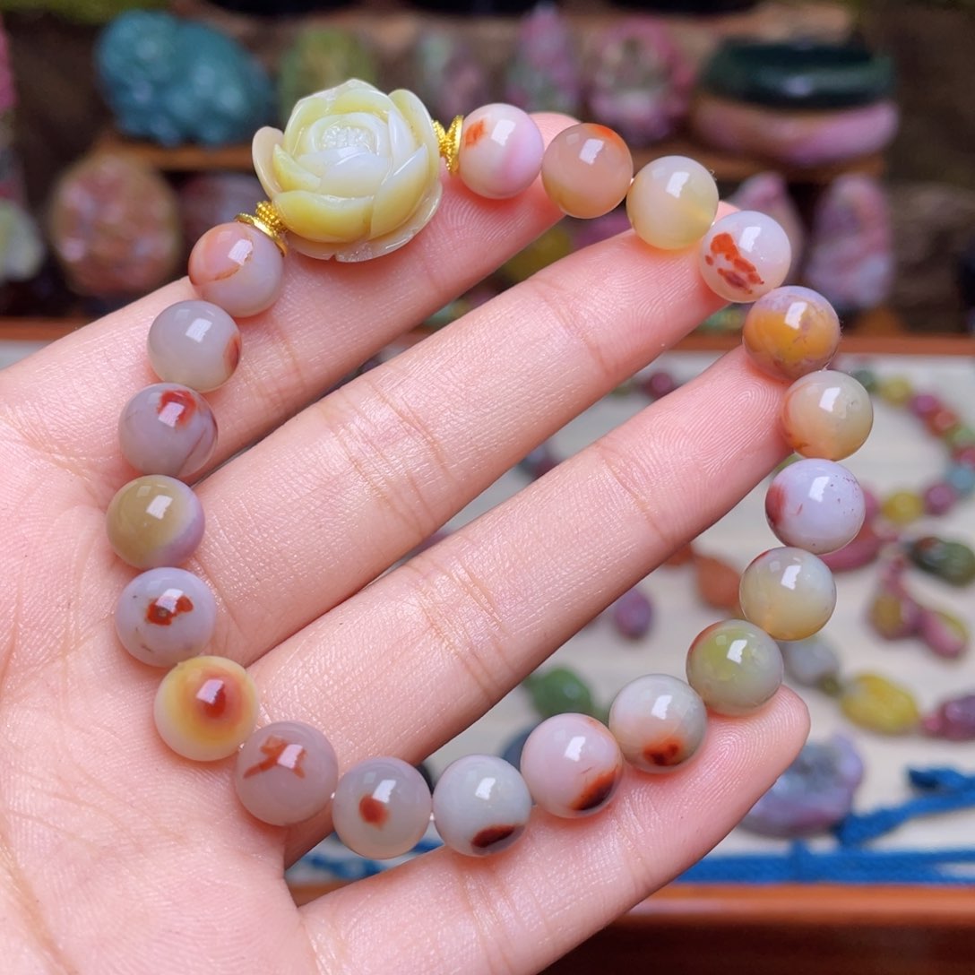 玛瑙/玉髓珠宝半成品合金盐源玛瑙花花包浆手串