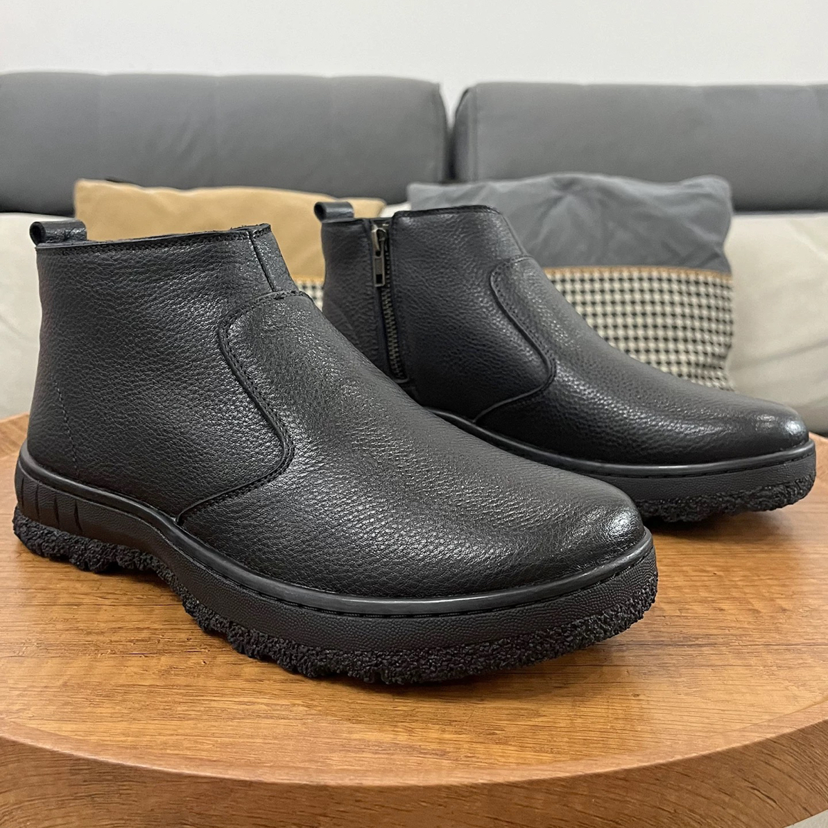 冬款纯羊毛棉皮鞋真皮冬季加绒加厚保暖侧拉链皮毛一体雪地靴男靴