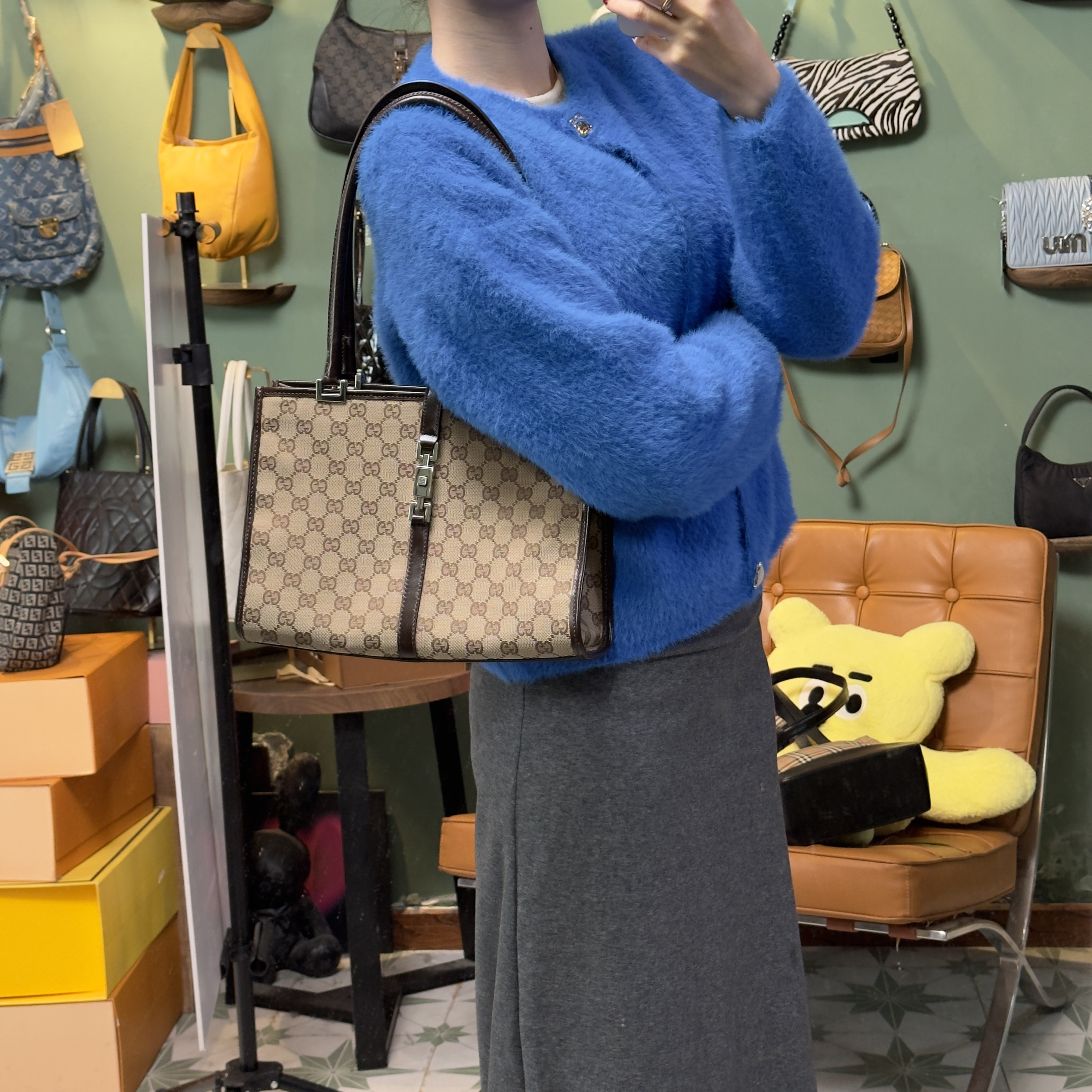 95新 GUCCI/古驰 JM325老花单肩包蓝色针织轻奢时尚女士