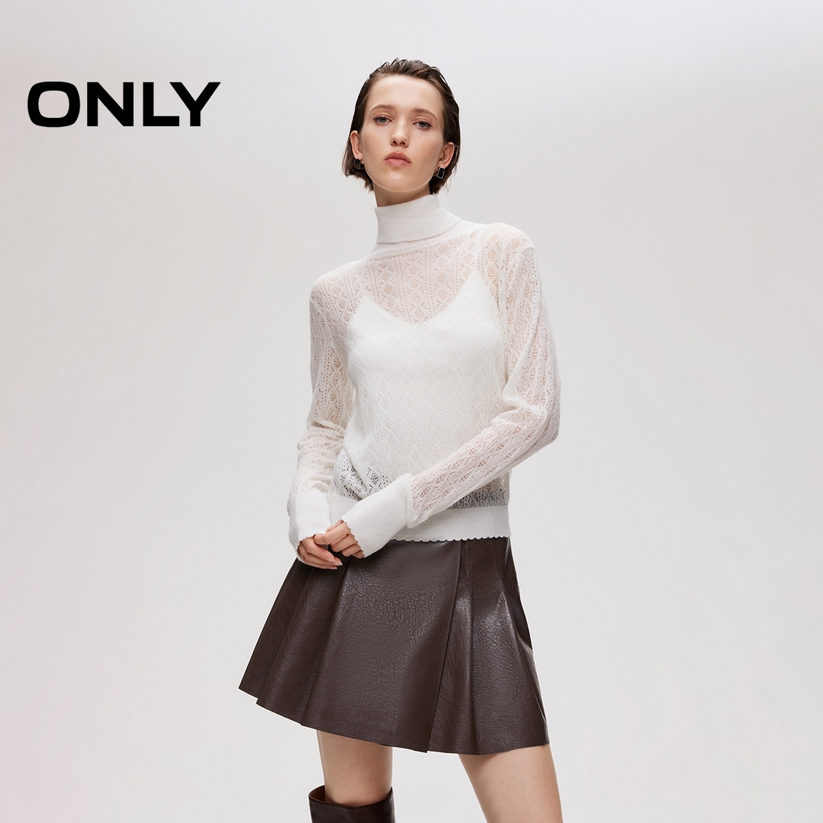 ONLY2025秋季新款法式浪漫宽松高领轻薄镂空针织衫女|125424012