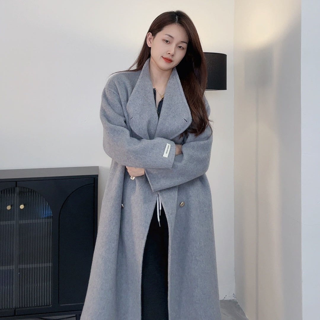 韩版新款秋冬立领双排扣不规则长款宽松羊绒大衣女羊绒高级感外套