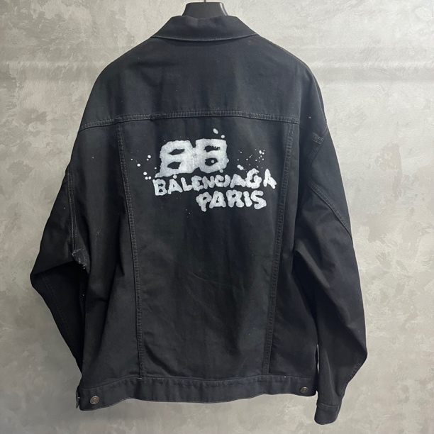 全新未使用 Balenciaga/巴黎世家 黑色印花翻领排扣长袖夹克/2码/