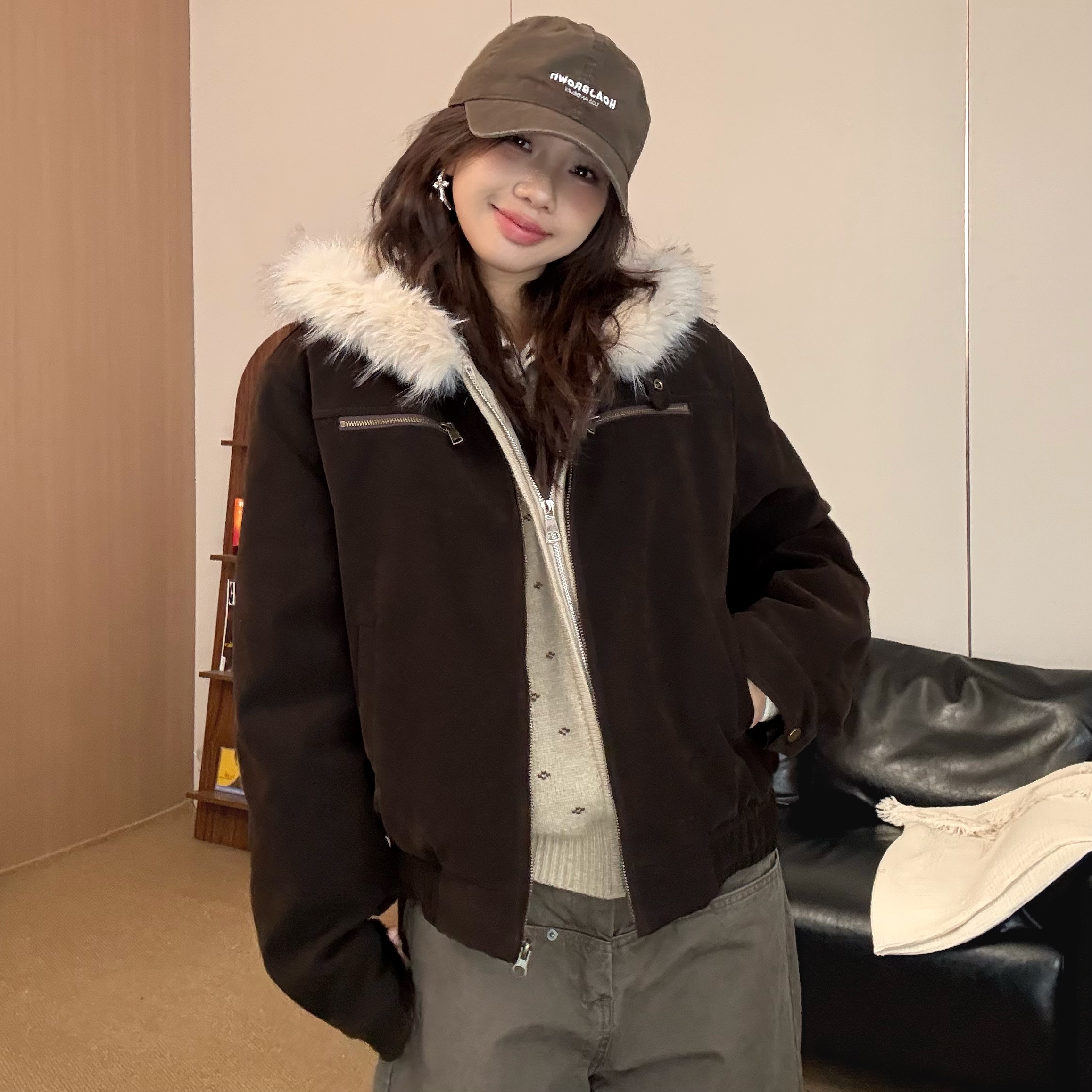 【棕色夹克外套】虎皮卷秋冬新款夹克夹棉棒球服外套WT2025032