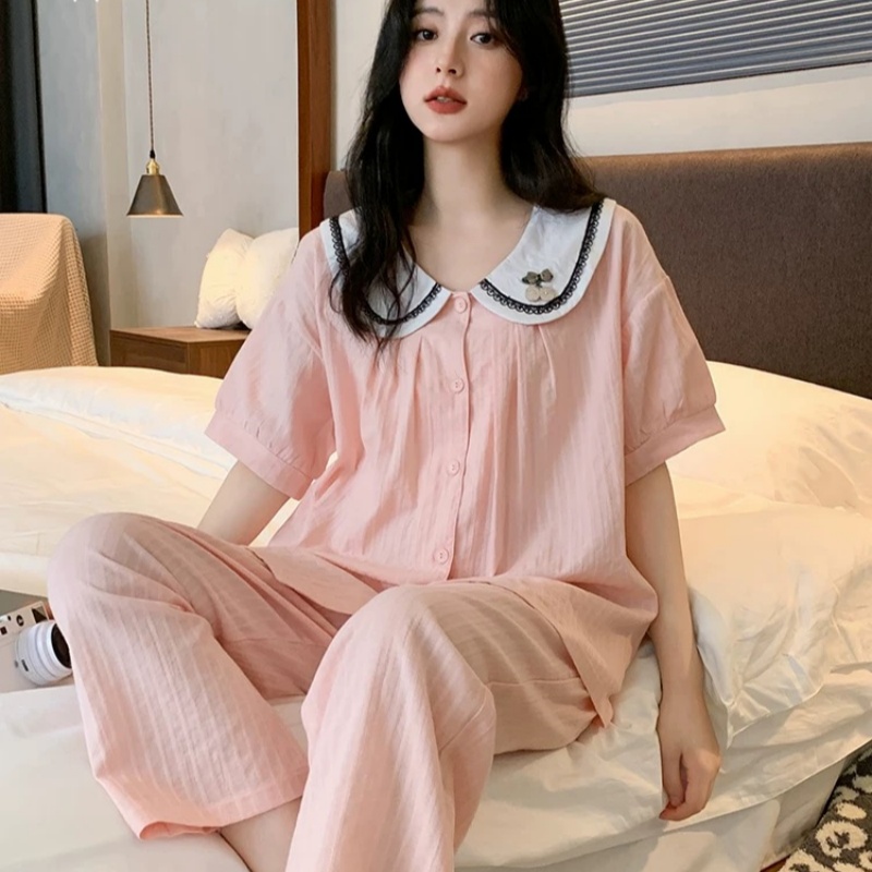 睡衣女款夏季2025年新款甜美宫廷风短袖长裤少女可外穿家居服套装