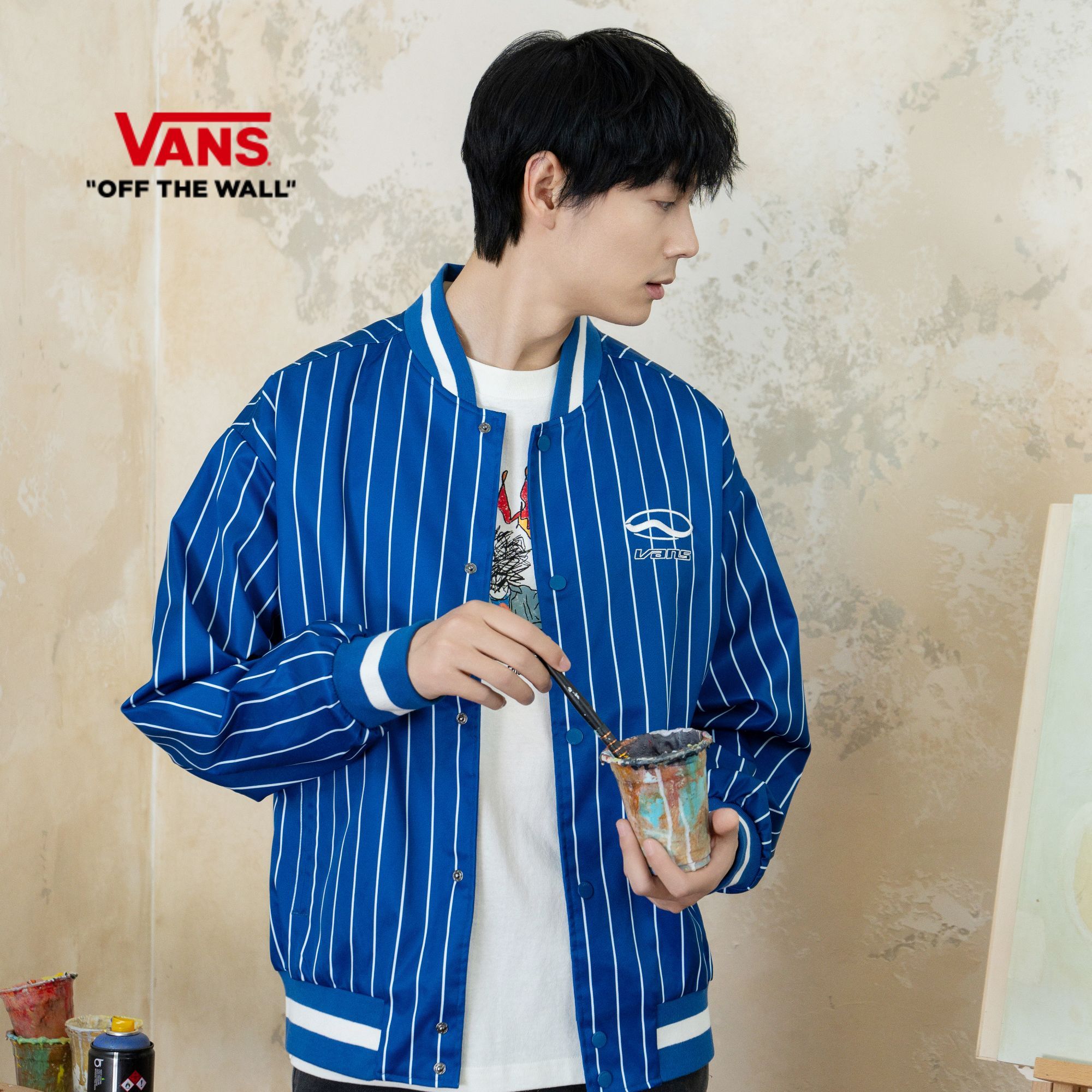 Vans范斯男子夹克外套条纹帅气潮酷美式时尚棒球领外套NES7WM