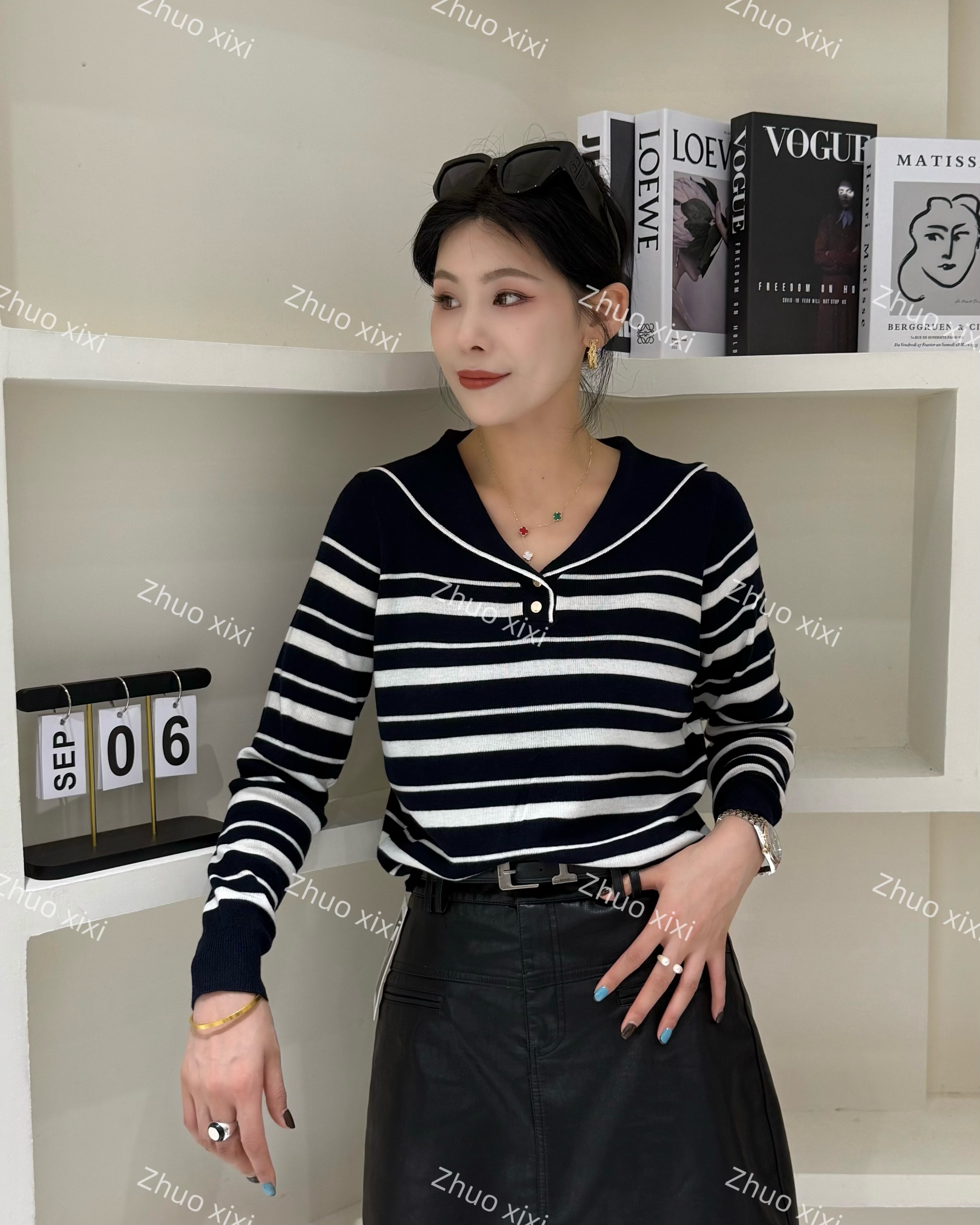 ZHUOXIXI【飞马行空】秋上新~经典条纹小翻领上衣-0556