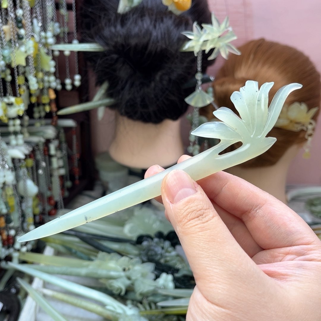 蛇纹石玉发饰未镶嵌长度17厘米左右