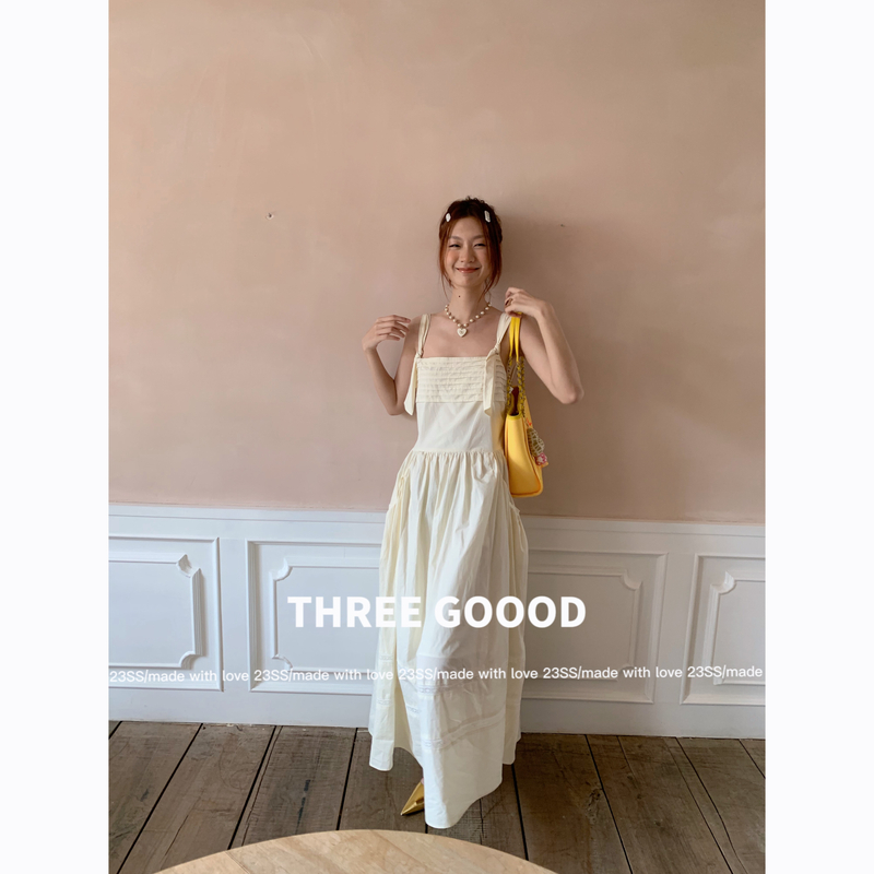 THREE GOOOD/三吉 野格白茶褶裥口袋连衣裙 SQ230329