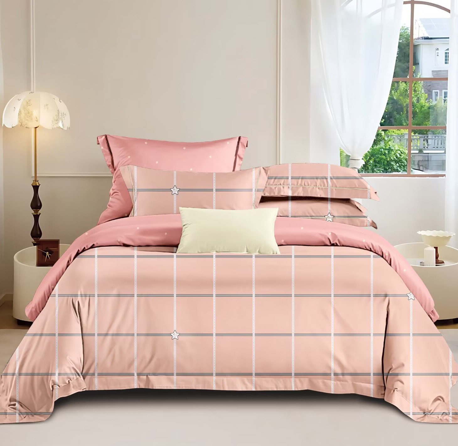 单人被罩-粉咖大格