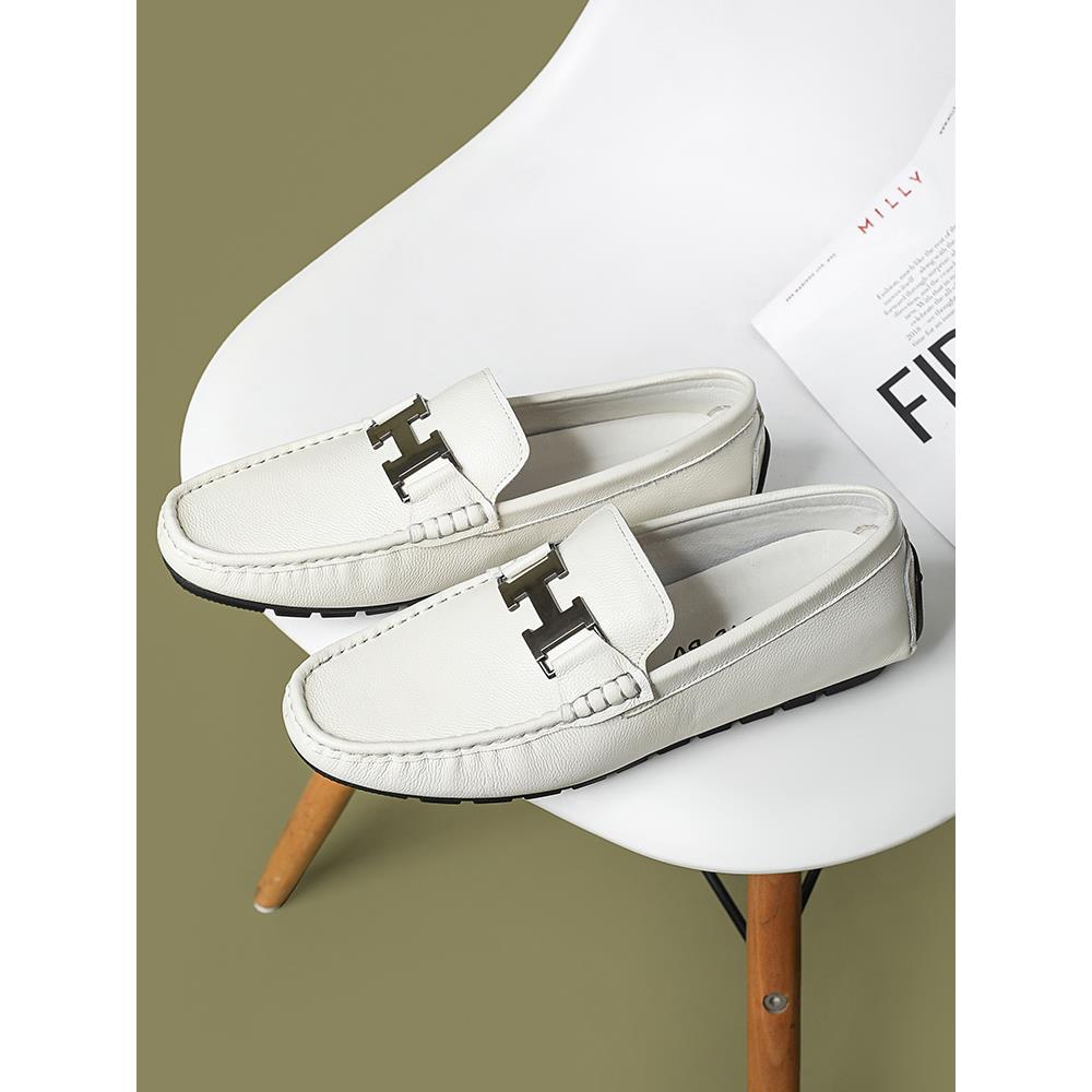 白色豆豆鞋男2024新款一脚蹬男鞋真皮时尚欧洲站高级休闲皮鞋外贸