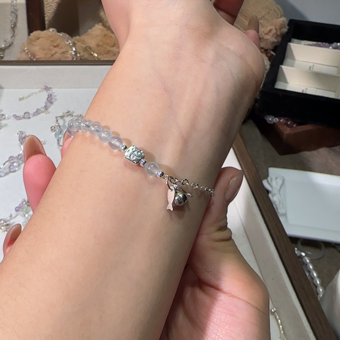 银S925镶嵌烟晶手链小鱼海蓝宝