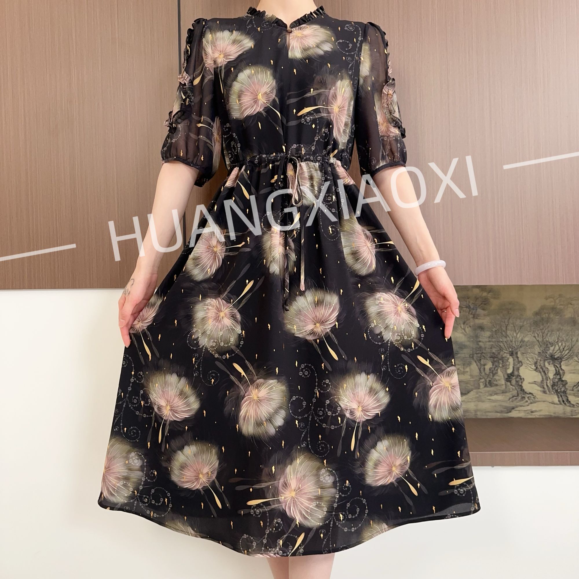 HUANGXIAOXI 唯美蒲公英木耳领花边袖洋气减龄中袖连衣裙 HXX-306