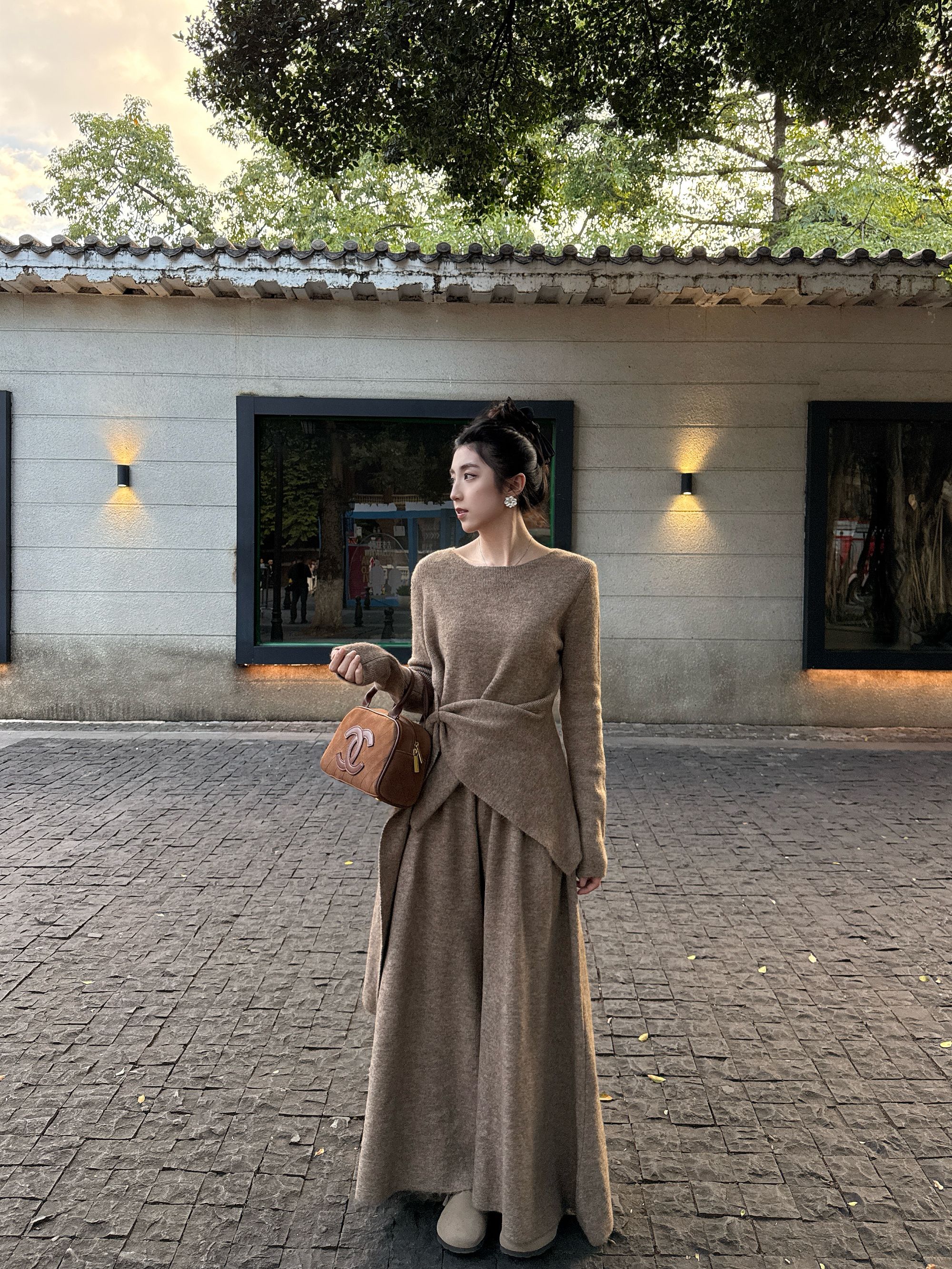 韩系气质辣妹不规则针织套装女2025秋冬新款毛衣垂感长裤两件套装