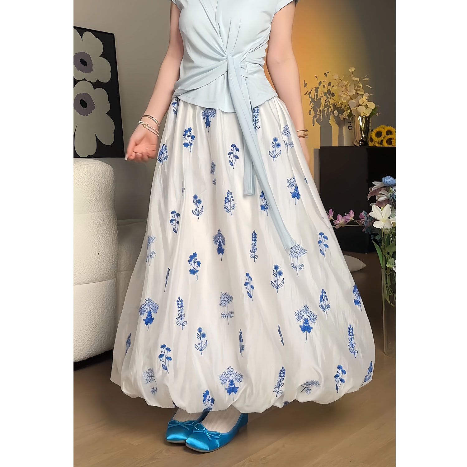 YAMM【青花瓷】法式复古气质高腰显瘦温柔风碎花花苞半身裙