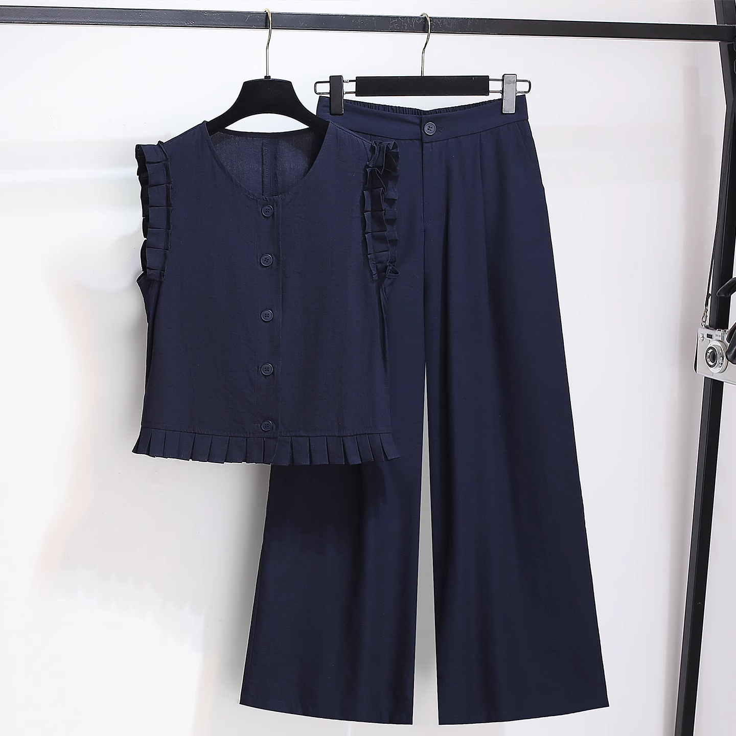 拉夏贝尔小香风套装女2025夏装新款坎肩无袖衬衫上衣阔腿裤两件套