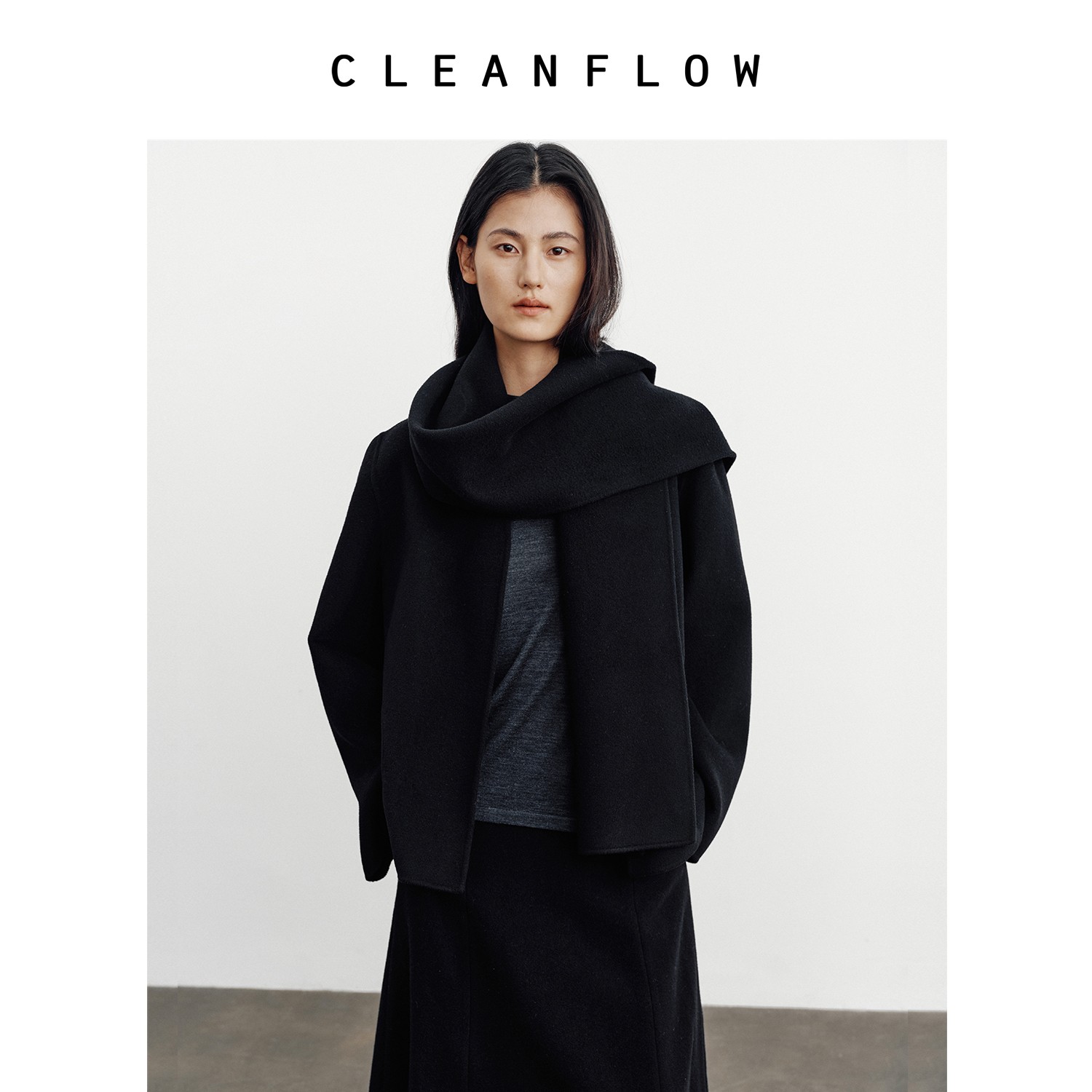 CLEANFLOW | 山羊绒美利奴羊毛手工双面呢极简弧形无领短外套