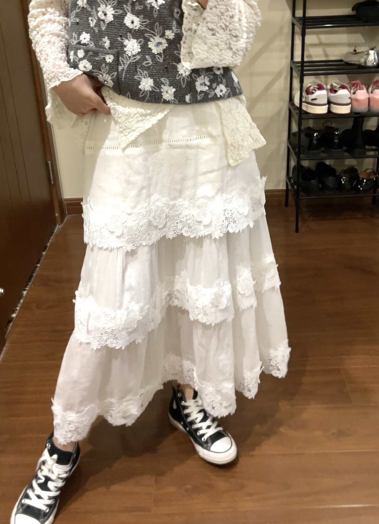 苎麻蛋糕蕾丝裙摆半身裙