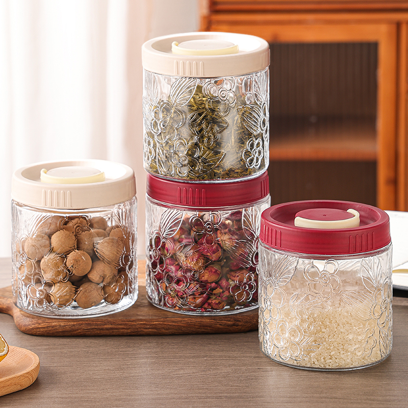 2只装-提手雕花密封罐多功能红盖储物罐加厚玻璃储存菜坛子带盖