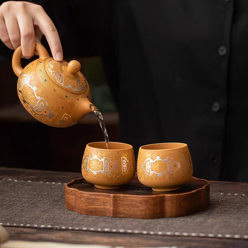 【旺】原矿黄段泥壶西施茶壶凤鸣敦煌正宗珐琅一壶两杯