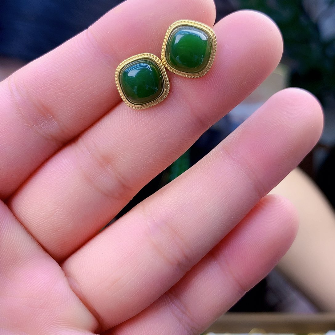 和田玉（碧玉）银S925镶嵌吊坠(不含链)耳钉