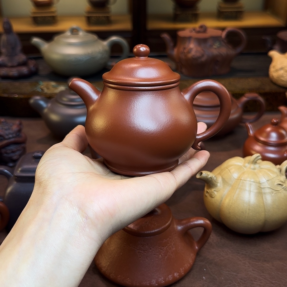 茶壶紫砂高潘壶，朱泥