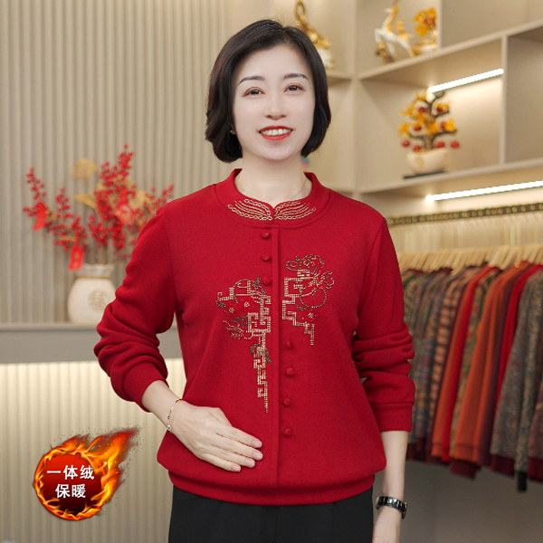 2025洋气新款中老年女装冬季加绒保暖气质减龄烫钻国风圆领妈妈装