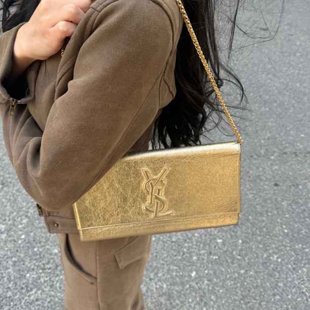 95新 YSL/圣罗兰 YSL金色油蜡手拿包送链条斜挎