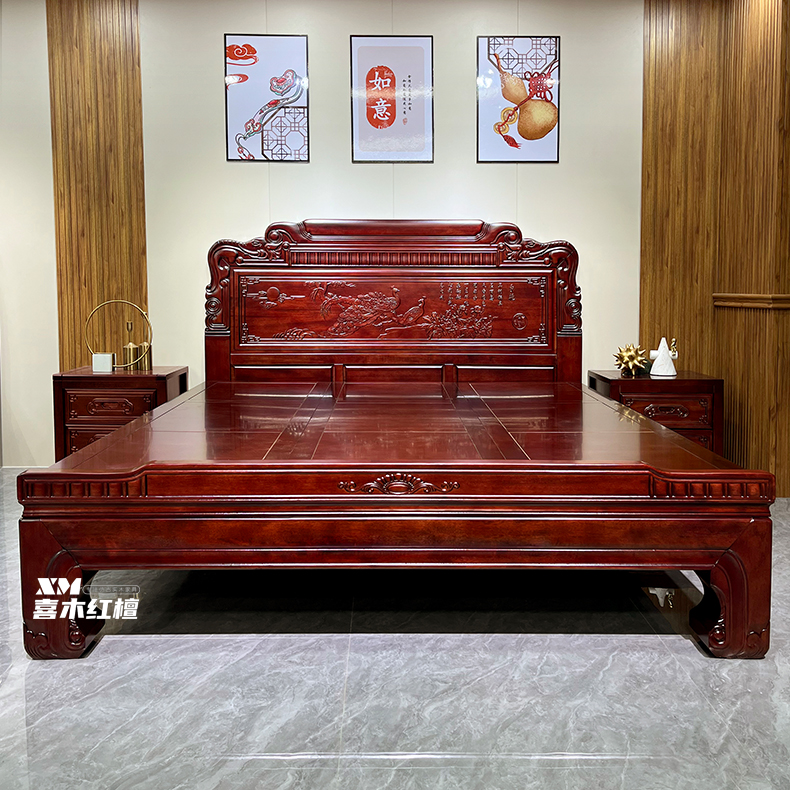 南美檀木全实木主卧大床孔雀开屏红酸枝色1.8米1.5米婚床儿童床