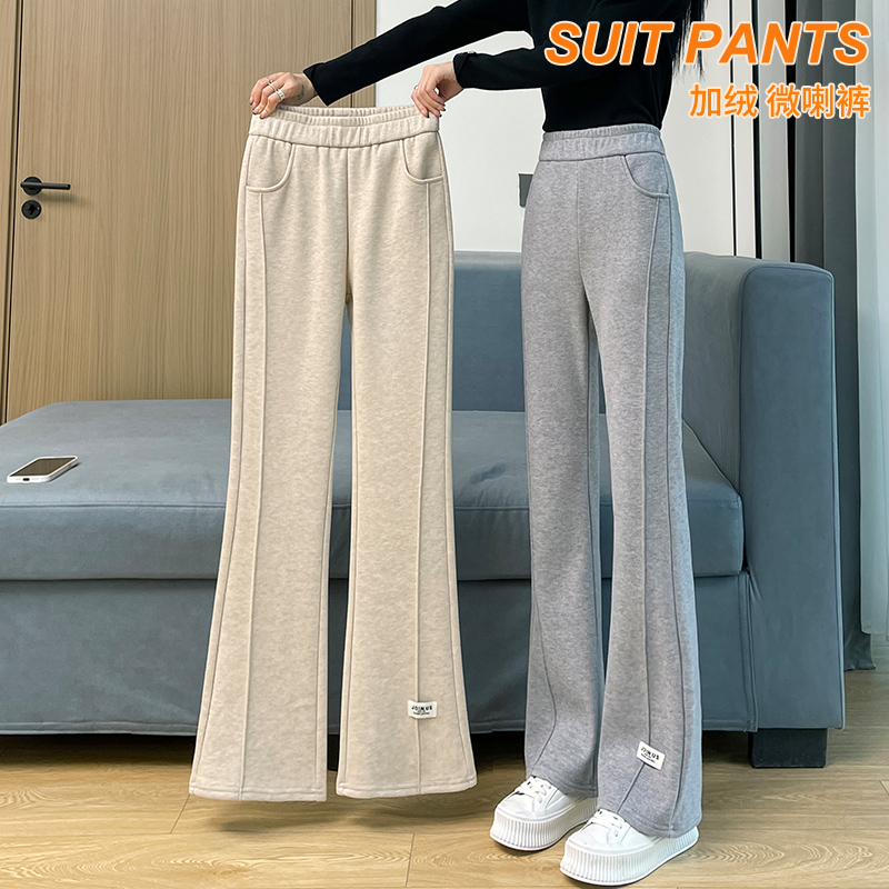 加绒加厚毛呢微喇裤女秋冬季2025新款垂感阔腿裤休闲百搭喇叭裤子
