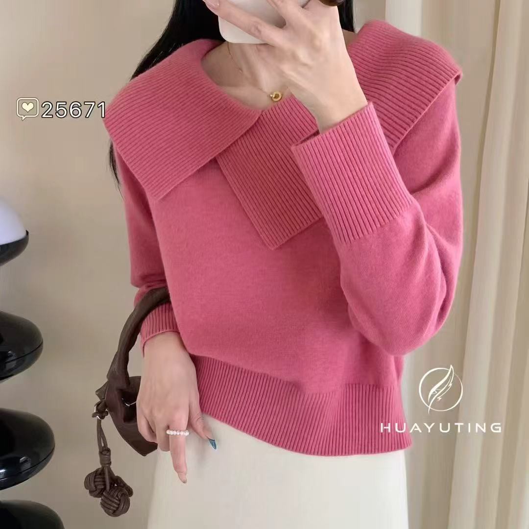 秋冬~不规则翻领~时尚长袖针织衫韩版气质纯色显瘦百搭针织