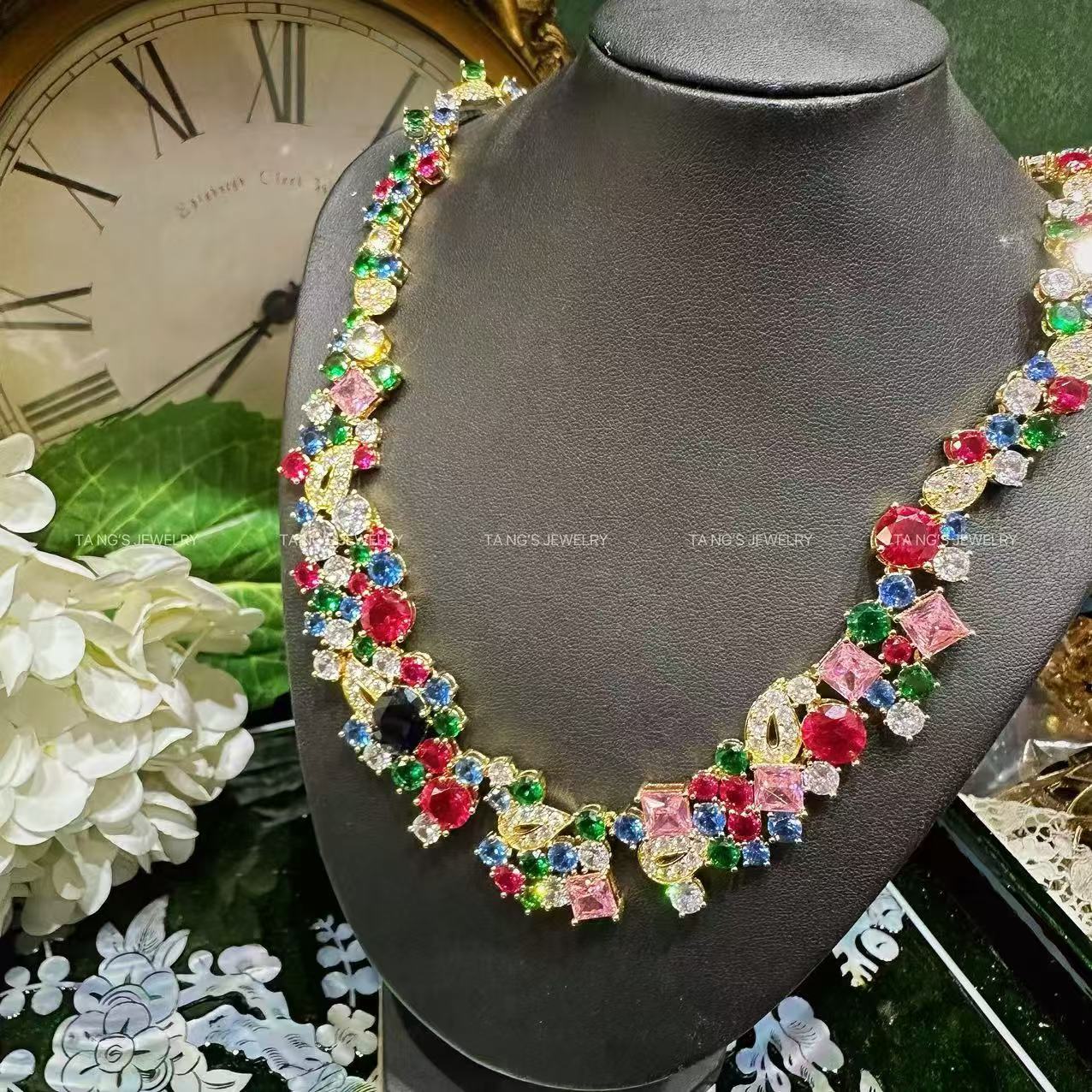 铜合金项链 Z1116彩色满镶拼接多色项链