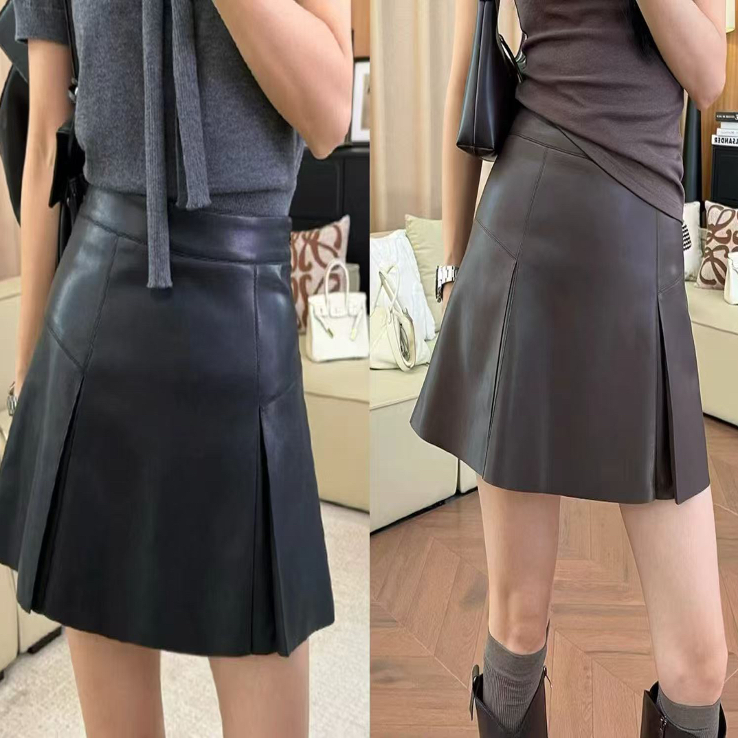 都市腿精高腰显瘦压褶A字包臀皮裙时尚秋季半身短裙7009范