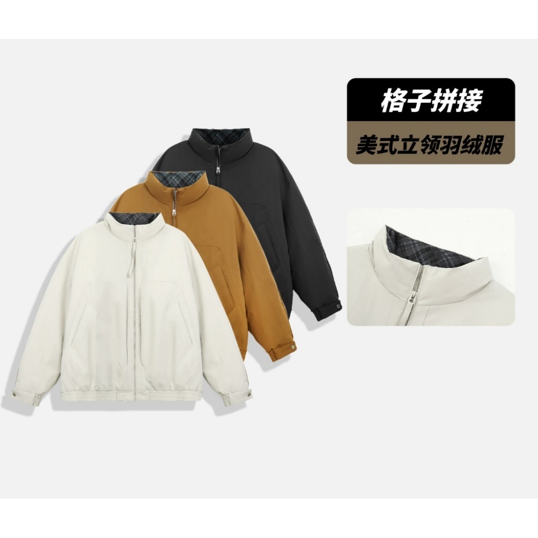 左左私服2025年冬季新款格子拼接冬季男士百搭潮流美式立领羽绒服