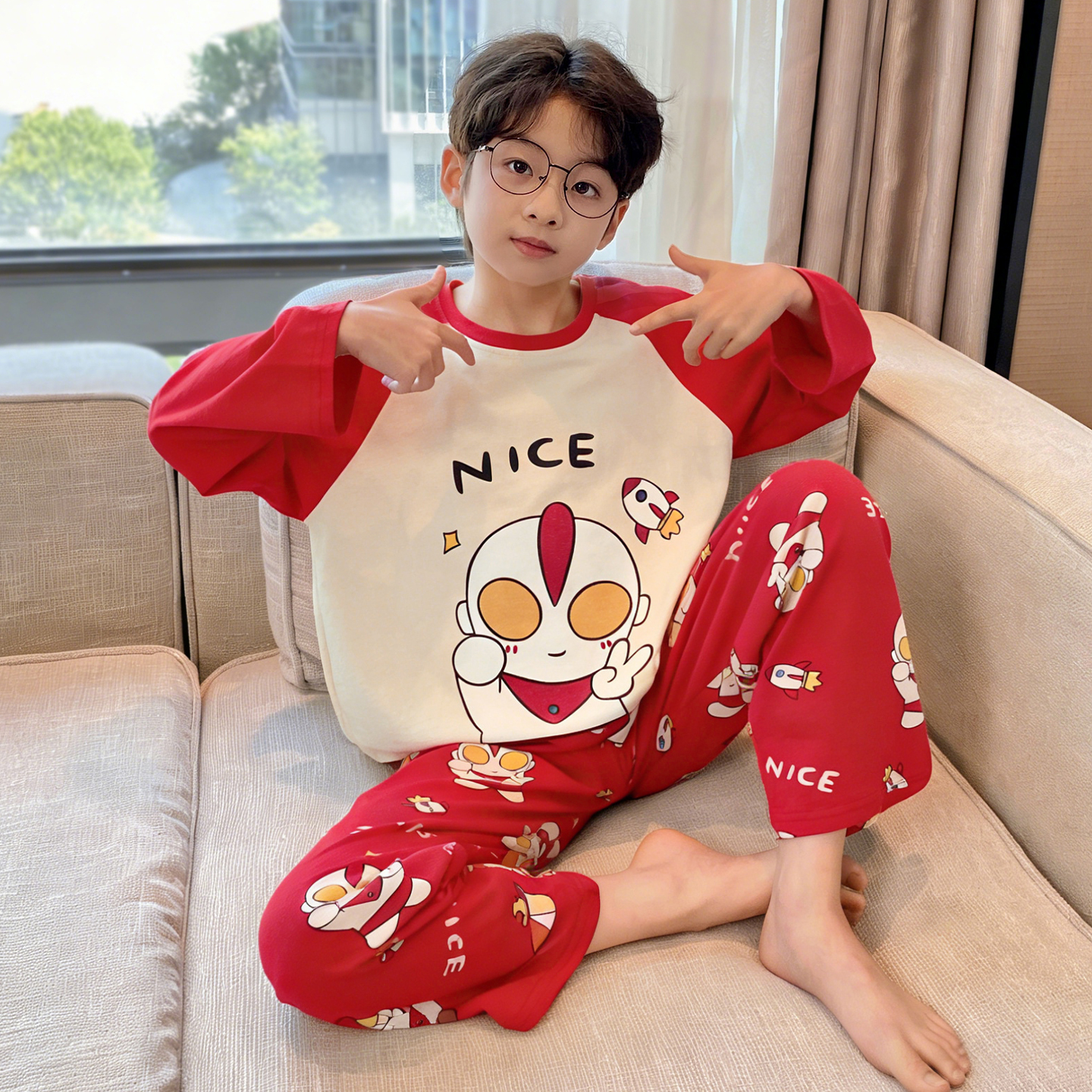 三昌男童睡衣纯棉圆领长袖红色本命年春秋季青少年喜庆家居服套装