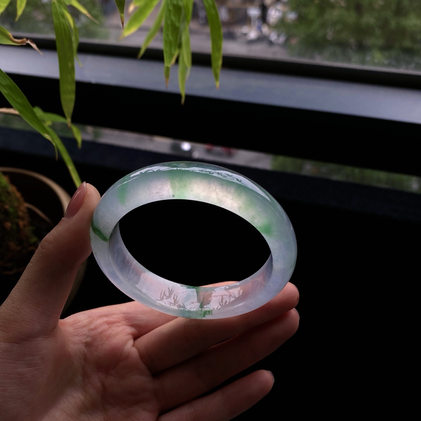 好色珠宝 圈口57缅甸老坑A货高冰玻璃种飘花正圈女款翡翠手镯