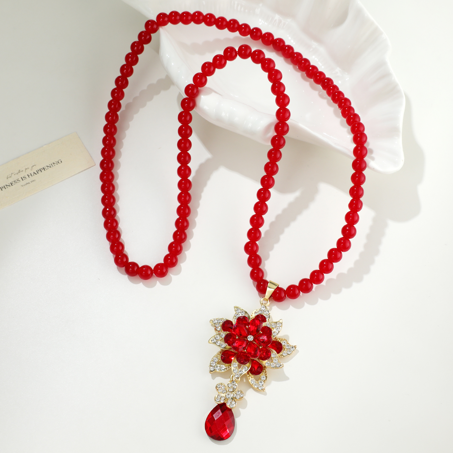 非金属仿水晶项链 红色新娘毛衣链M055金色长款饰品吊坠轻奢