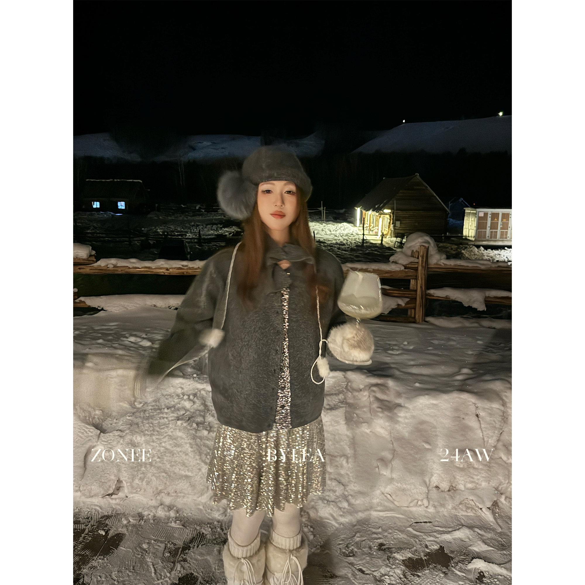 ZONEE 雪季时髦精 法式时髦亮片细节开衫马甲羊毛针织毛衣套装