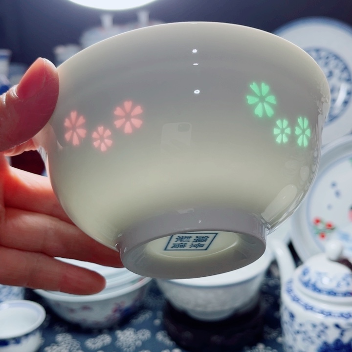 青花玲珑5寸饭碗三星花彩玲珑