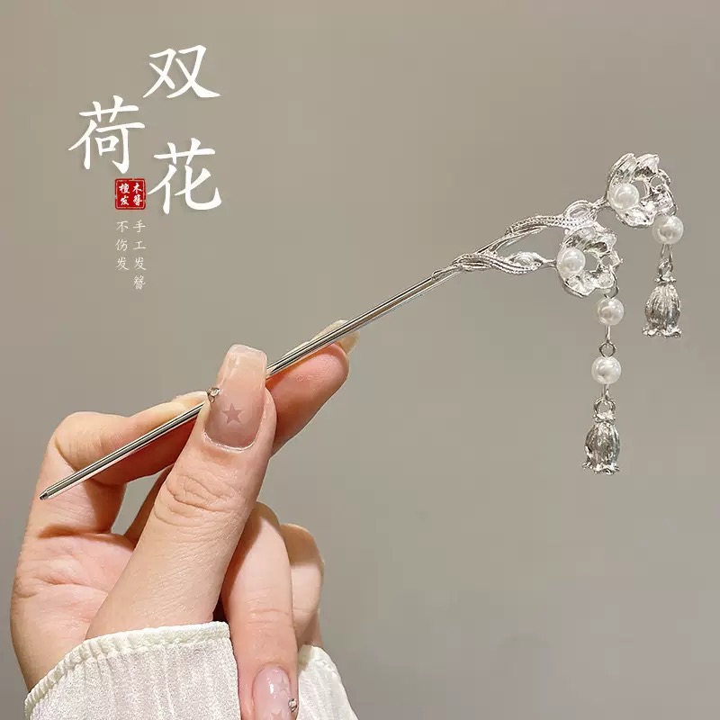 高级感双荷花发簪头饰女新中式步摇流苏盘发簪子古风汉服旗袍发饰