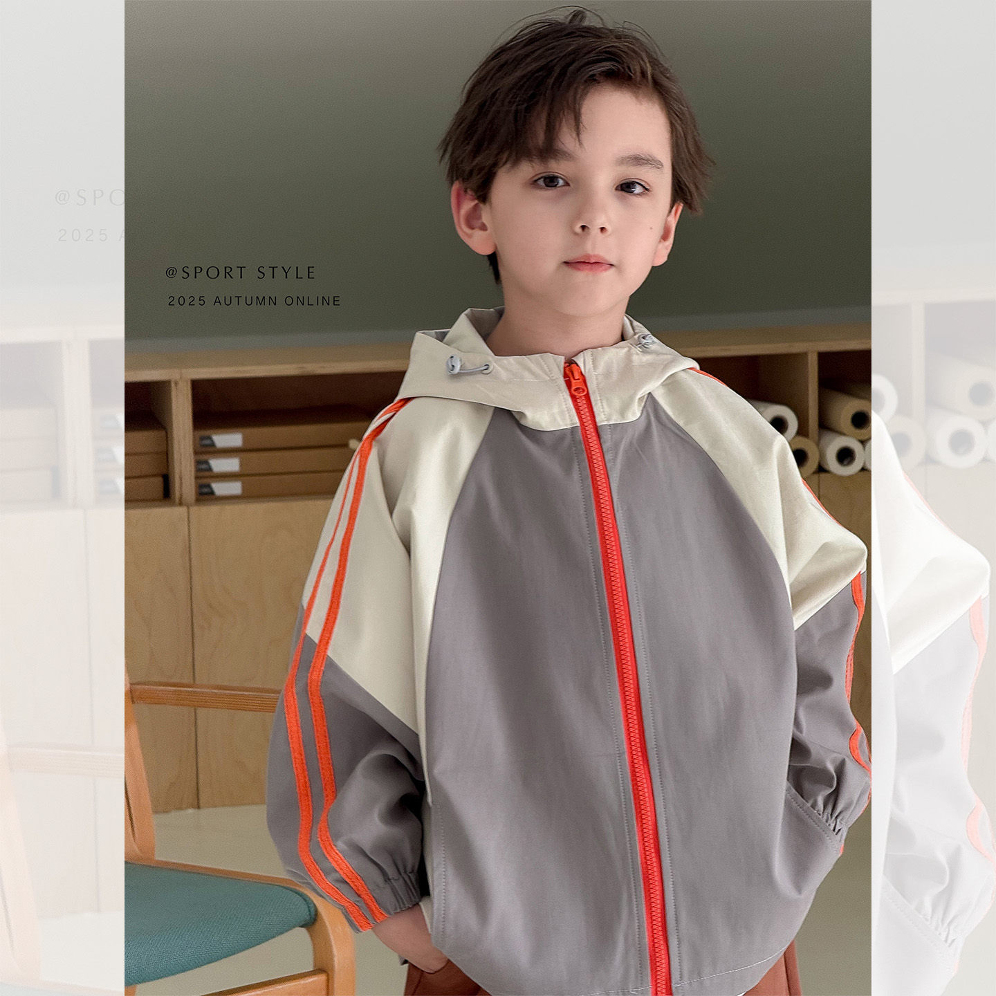 虾酱麻麻男童外套春秋季2025新款男孩衣服洋气撞色连帽儿童冲锋衣
